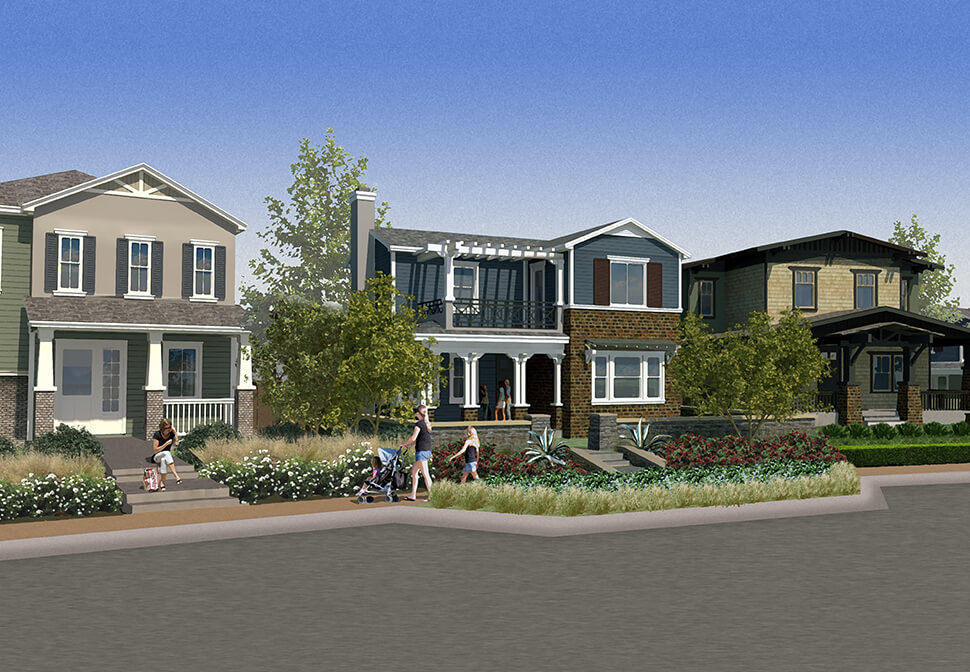 A rendering of the front yard and sidewalk.